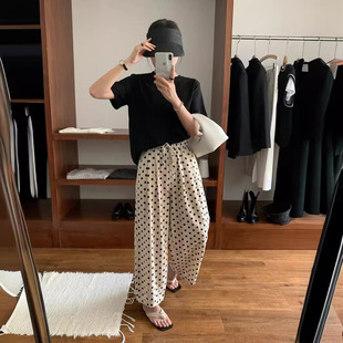 Cotton and Linen creamy-white Wave Dot Casual Wide-leg Pants Women's Summer High Waist Drawstring Loose All-match Small Straight Ankle-length Pants