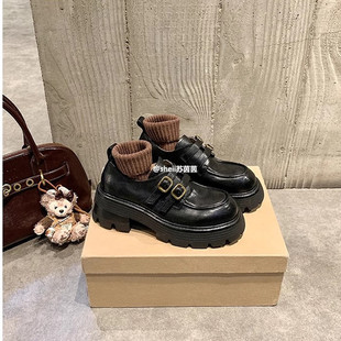Su Yinyin with 6cm Washed Horse Leather Small Gold Button Thick Heel Thick Bottom Lefu Single Shoes Women's Spring and Autumn Small Leather Shoes