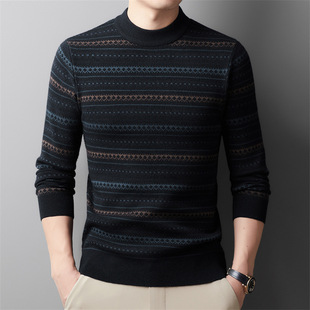 2024 New Winter Men's Sweater Middle-Aged High-Bottom Thick Fashion Slim Sweater Jacquard Round Neck Bottoming Shirt