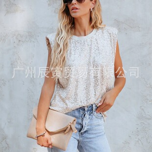 ins New 2023 European and American Women's Loose Casual Sleeveless Sequin Vest