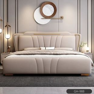 Italian Light Luxury Master Bedroom Leather Art Queen Bed Double Bed 1.8x 2 Deluxe Double Bed Solid Wood 1.5 m Net Red Leather Bed Wood