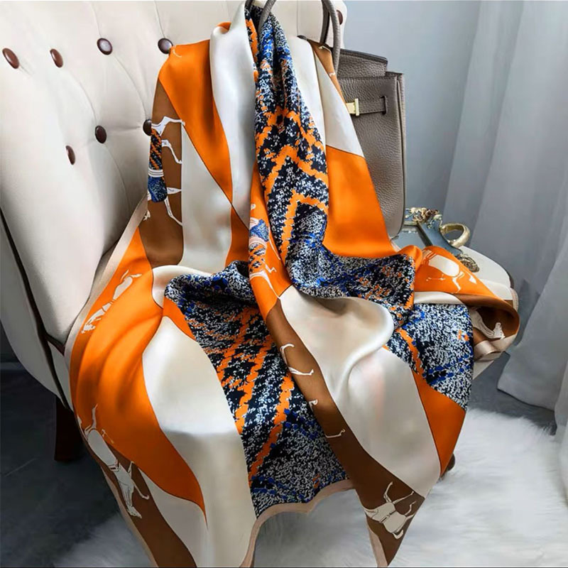 Summer Sun Protection Brocade Silk Scarf with Horse Print, Long Thin Silk Shawl, Sun Protection, Direct Shipment from the Source