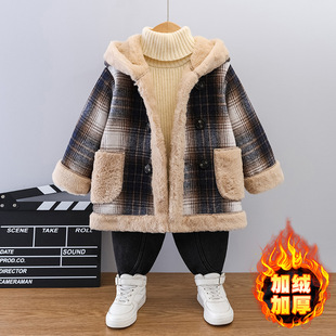 Boys' winter woolen coat 2024 new style big boy handsome little boy Korean fleece-lined woolen coat