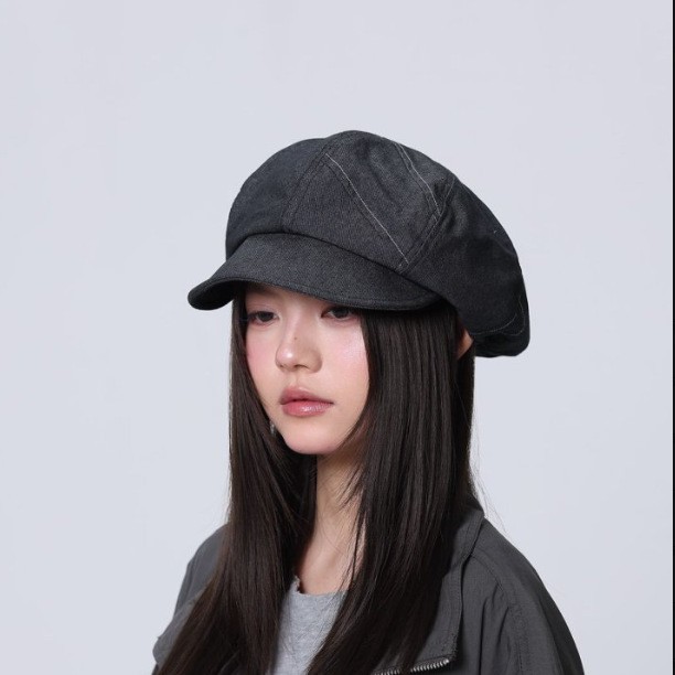 Retro dark-colored denim newsboy cap, women's autumn and winter hat, face-slimming, versatile, with a patchwork brim and beret style