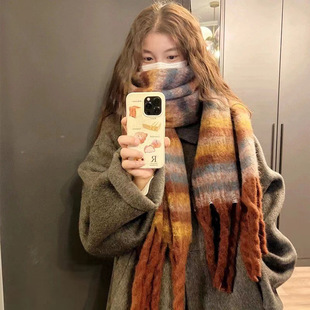 Striped Tassel Scarf Atmosphere Sense Fashion Winter Warm Scarf Shawl Trendy Soft Waxy Tassel Contrast Color Scarf