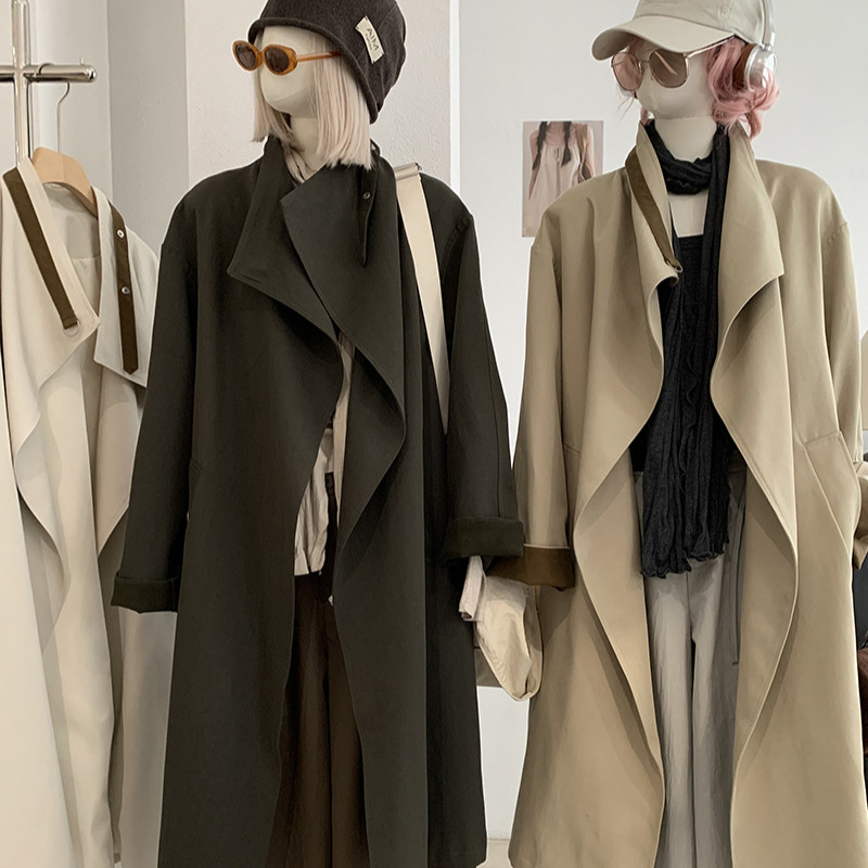 KEKEZOON Women's Stand Collar Long Trench Coat, New Autumn Style, Slimming, Over-the-Knee, Long-Sleeved Coat 8751