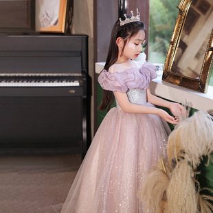 Girl's dress 2024 spring new off-shoulder flower girl's wedding girl princess dress children's performance costume