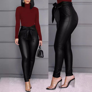 W8247 Amazon independent station European and American women's fashion casual PU pants leather pants (including Belt)