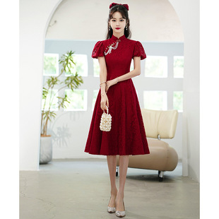 Toast Dress Improved Cheongsam Spring Burgundy Wedding Dress Engagement Dress Chinese Lace Dress