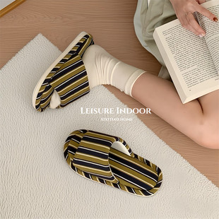 Ins Simple Striped Distinctive Home Floor Shoes Japanese Style Cotton Linen Soft Sole Four Seasons Universal Air-conditioned Room Slippers for Women