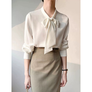 in stock manufacturers wholesale light s satin white shirt women's new long sleeve commuter temperament bow ribbon shirt