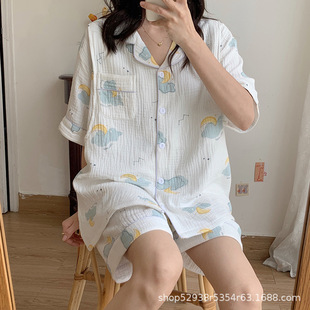 Summer Lactation Pajamas Summer Short-sleeved Pregnant Women's Two-piece Set Cotton Gauze Moon Clothing Summer Thin Postpartum Maternal
