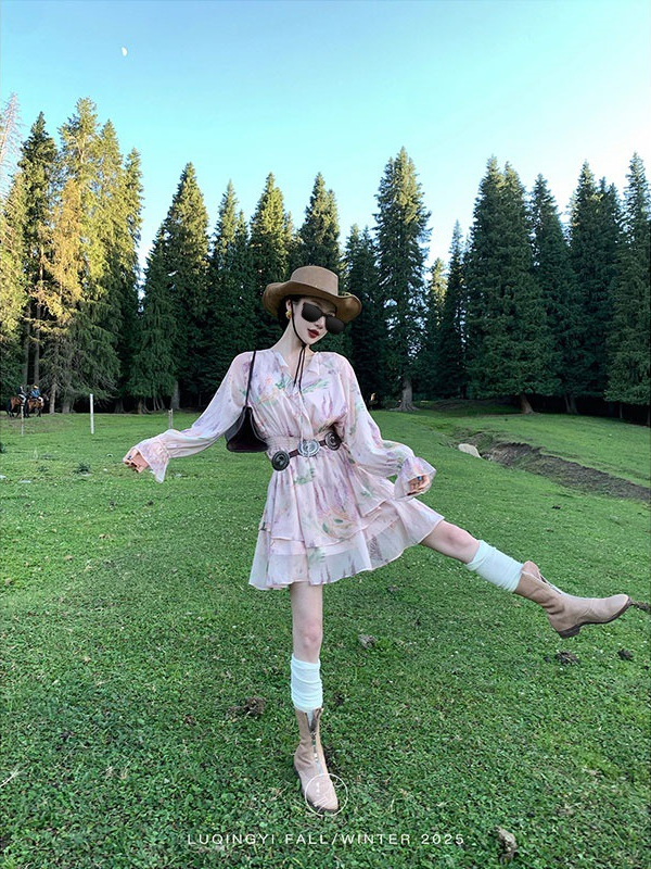 Luqingyi Original [Yingrong] French Smudged Printed Dress Women's Summer Vacation Style Waist Mid-Length Skirt
