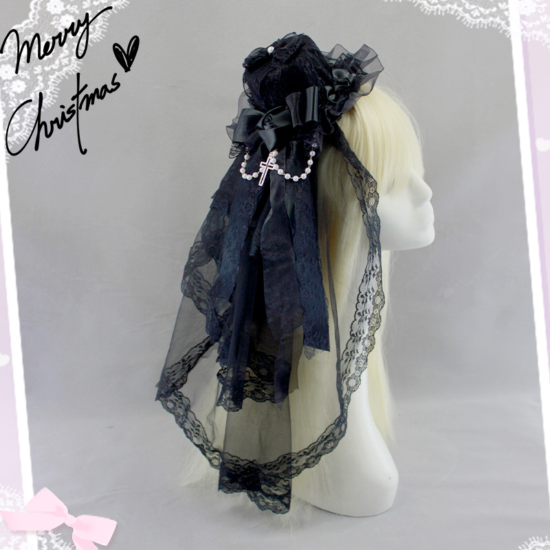 Original Lolita Halloween Dark Rose Veil Hat Bow Lace Headband KC Hair Accessories Lolita