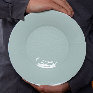 Jingdezhen Celadon Peony Plate Household Special Dish Plate New Chinese Commercial Creative Hot Dish Plate Hotel Artistic Conception Tableware