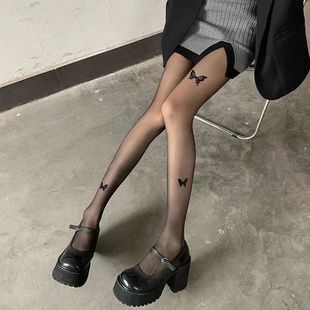 Printed bow stockings niche black silk Women's Spring and Autumn thin Lolita black silk sexy pantyhose super thin