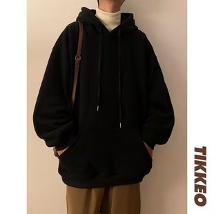 Fleece-lined sweater men's hooded autumn and winter thickened American couple heavy solid color top fashion brand oversize coat