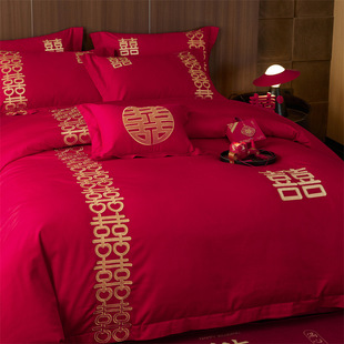 High-grade pure cotton wedding four-piece set exquisite embroidery wedding bedding luxury comfortable breathable romantic house