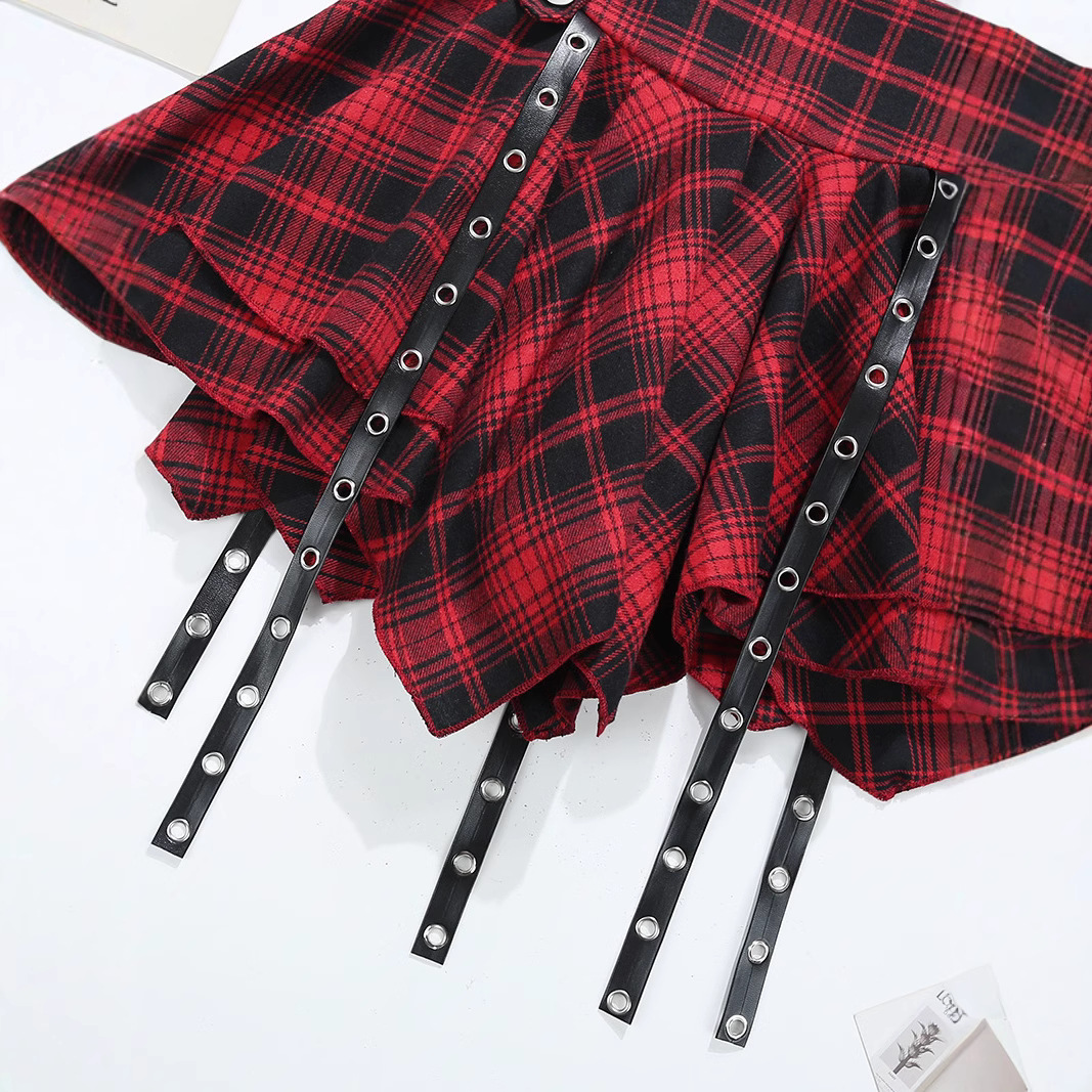 Irregular Red Plaid Hot Girl Skirt Girly Style Design Stitching Pleated Skirt Anti-Light Hip-Hop Skirt 9391