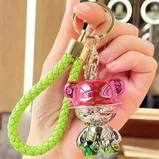 Creative Electroplating Colorful Sitting Position Hat Bear Keychain Trendy Cool Car Pendant Cartoon Cute Couple Bag Hanging Ornaments