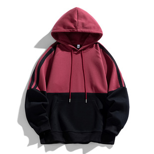 Free Shipping Contrast Color Stripe Heavy Hooded Sweater Men's Spring and Autumn 2024 New Autumn Loose Hoodie Men's Fashion Brand Outer