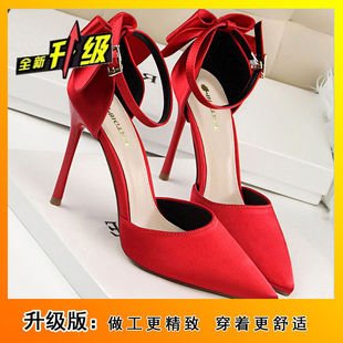 Women's Bow Fashion Single-layer Shoes Stiletto Heel Pointed High Heels One-line Sandals Red Wedding Shoes 2024 Summer New