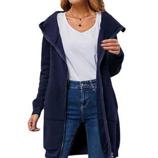 303685 Amazon, новое трансграничное женское однотонное длинное пальто с капюшоном, Осенний топ с большим карманом на молнии и длинным рукавом