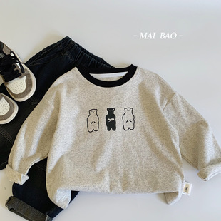 Maibao Children's T-shirt 2024 Autumn Letters Base Shirt Small and Medium-sized Children's Bear Printed Boys' Long-sleeved Casual Top