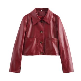 Short Leather Jacket with Split Cuffs 2025 Spring European and American Cross-border Pocket Decoration Single-breasted Long-sleeved Lapel Women's PU Jacket