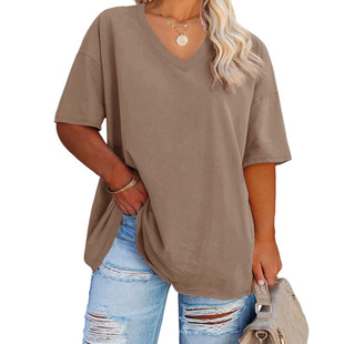 2024 Cross-border Multi-color Women's Short-sleeved plus size Fashion V-neck T-shirt 3D Digital Printing Solid Color Women's V-neck Short Sleeve