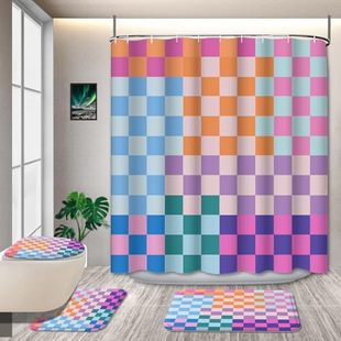 4-piece set funny cat riding dinosaur rainbow laser flying saucer shower curtain suit with non-slip bath mat toilet lid mat U-shaped