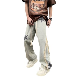American Style Trendy Embroidered Jeans Men's Autumn American Style Retro Loose Wide Leg Straight Tube Trendy Vibe Pants