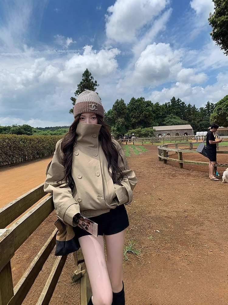 Khaki Stand Collar Short Windbreaker for Women 2025 New Spring & Fall Small High-End Double-Breasted British Style Jacket