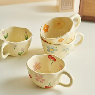 2025 New Flower Cream Style Coffee Cup Modern Simple Ceramic Mug Net Celebrity Beauty High Sense Cup