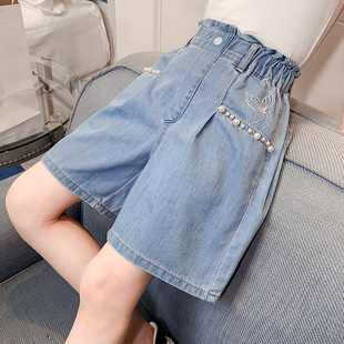 Girls' Denim Shorts 2025 Summer Dress Big Children's Outer Wear Straight Jeans Girls' High Waist Loose Pants