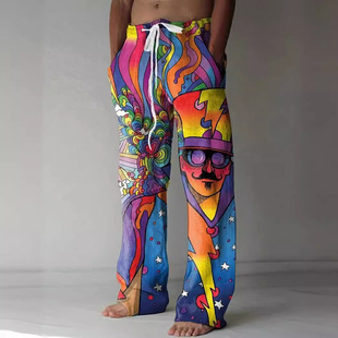 2024 men's cross-border wish European and American ebay independent station ethnic style retro printing loose wide leg trousers men's