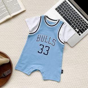 Baby Basketball Climbing Suit for Boys and Girls Summer Ins Infant Short-sleeved Hatshirt Fake Two-piece Sports Jumpsuit Trendy