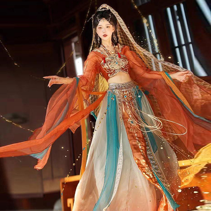 Dunhuang Flying Goddess Hanfu, Modified Han Elements, Western Regions and India Princess Ancient Costume, Exotic Style Hanfu Set, Western Regions Divine Female Costume