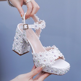 9cm Thick Heeled Fishmouth Platform Sandals Round Head Root Thick Heeled Sandals White Lace Bridal Wedding Sandals