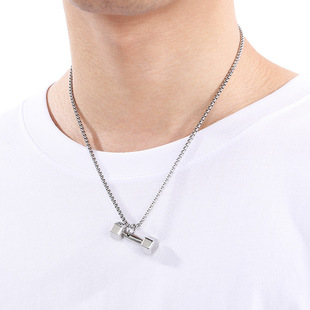 European and American titanium steel fitness dumbbell barbell pendant personality lovers weightlifting sports bodybuilding necklace stainless steel jewelry