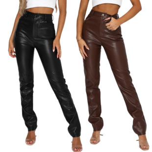 2023 Amazon wish cross-border European and American Foreign trade fashion new women's PU leather pants casual pants women