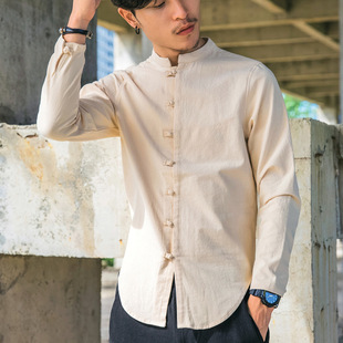 2025 Spring and Summer New Long-sleeved Shirt Men's Chinese Style Retro Fashionable plus size Simple Cotton and Linen Buckle Shirt for Men