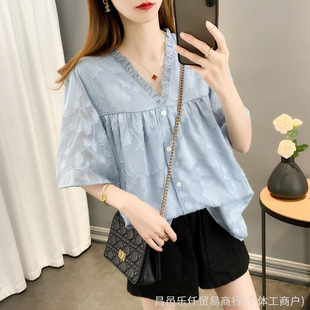 Side Collar Solid Color Flying Sleeve Chiffon Shirt Women's Summer New Loose plus size Short Sleeve Thin Top