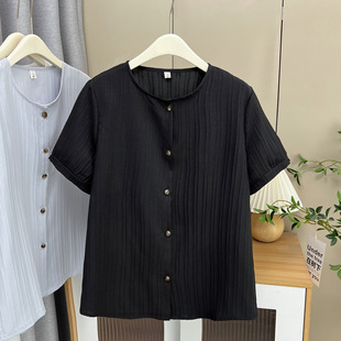 100.00kg fat sister summer new temperament organ vertical short sleeve shirt plus size women's casual shirt 6901