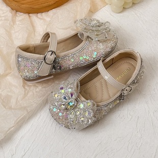 Spring 2025 New Girls Korean Style Rhinestone Bow Soft Bottom Low Top Princess Shoes 3-10 Years Old Girls Dancing