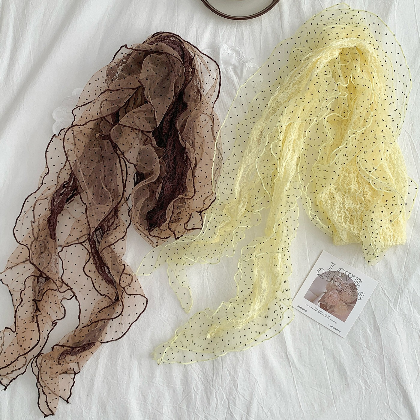 Vintage-Style Brown Lace Polka Dot Scarf for Women, Summer Korean Style Ruffled Edge, Unique Design, Versatile Neck Scarf Wholesale