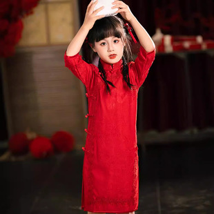 Детские Cheongsam с длинными рукавами осень-зима новый 2024 китайский стиль девушки Тан красный китайский классический гучжэн платье
