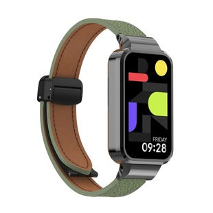 For Redmi Bracelet 3 Strap Magnetic Folding Buckle Litchi Pattern Leather Strap 9active Wristband Metal Frame