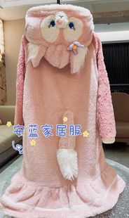 Lina Belle with Tail Autumn and Winter Pajamas Hooded Coral Fleece Thickened Women's Nightgown Outer Wear Home Clothes
