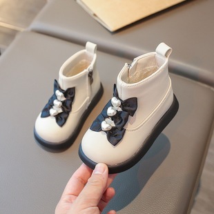 Winter Women's Bow Cotton Baby's fleece-lined Girl's Small Leather Shoes Casual Shoes Fashionable Cute Leather Noodles